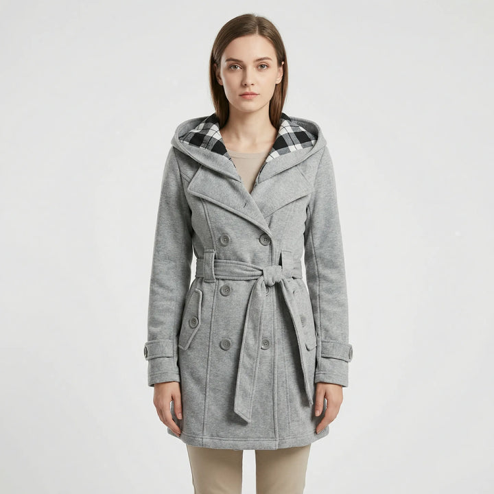 Women's Hooded Trench Coat with Double-Breasted Belt