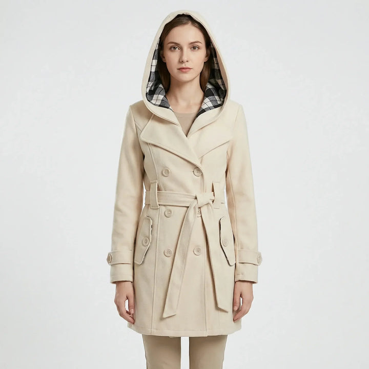 Women's Hooded Trench Coat with Double-Breasted Belt