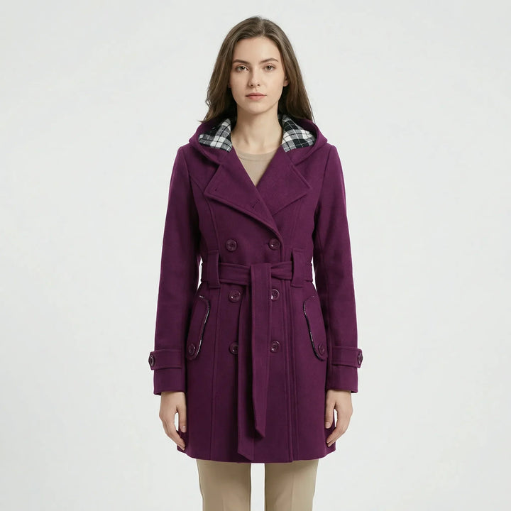 Women's Hooded Trench Coat with Double-Breasted Belt