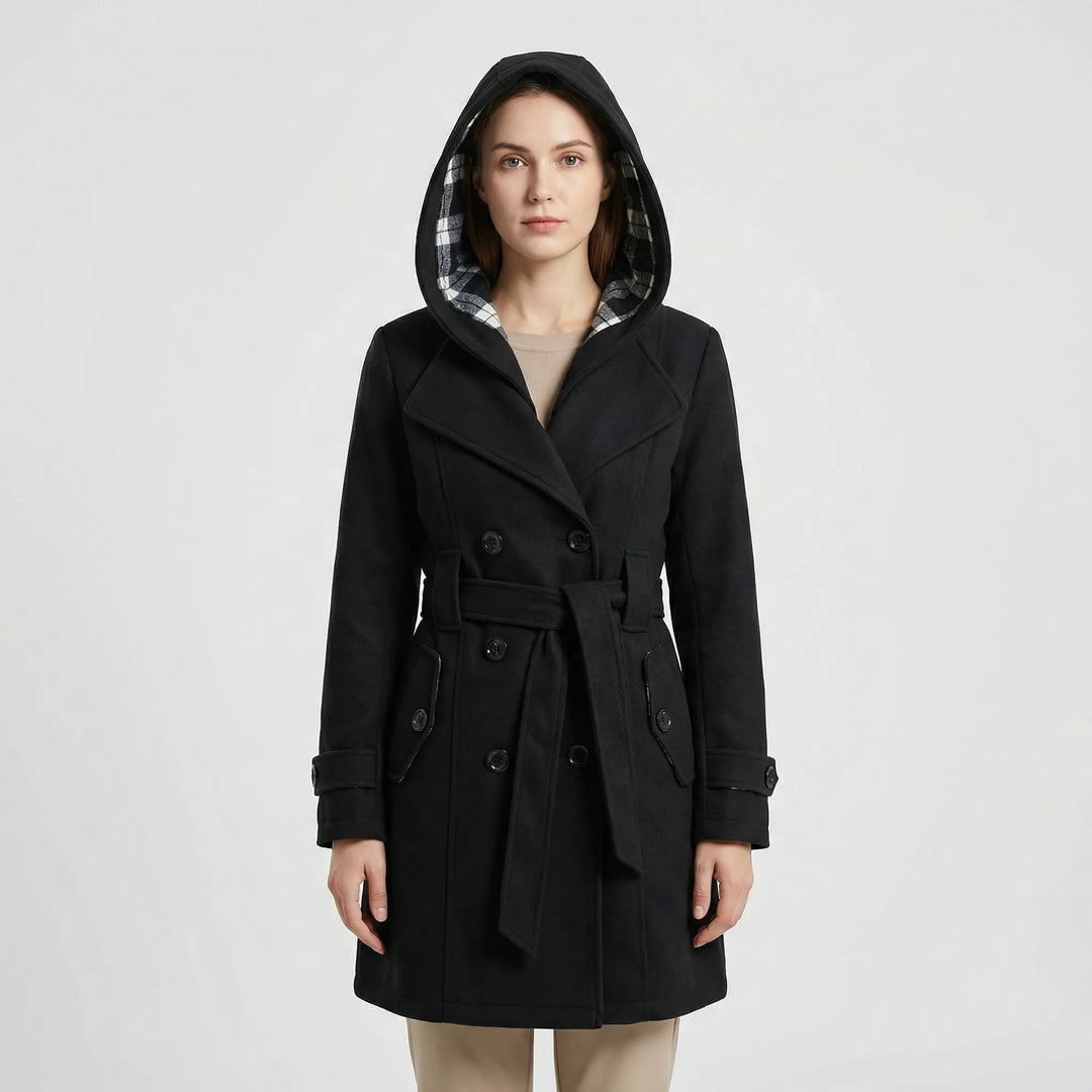 Women's Hooded Trench Coat with Double-Breasted Belt