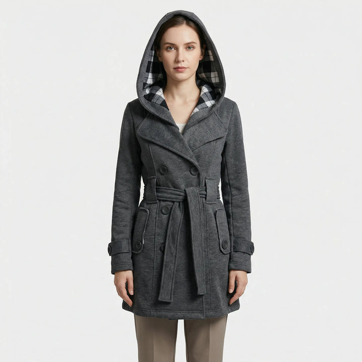 Women's Hooded Trench Coat with Double-Breasted Belt