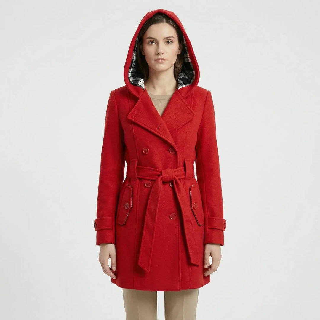 Women's Hooded Trench Coat with Double-Breasted Belt