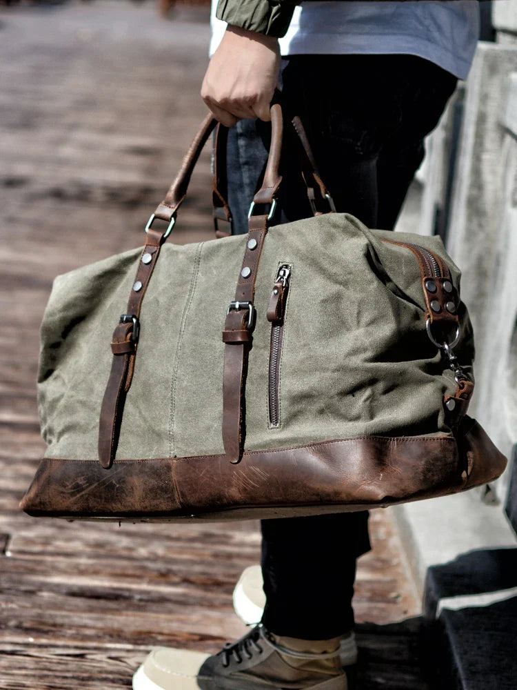 Waxed Canvas Weekender Bag with Leather Trim