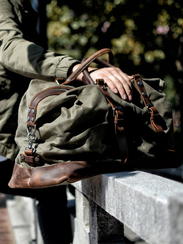 Waxed Canvas Weekender Bag with Leather Trim