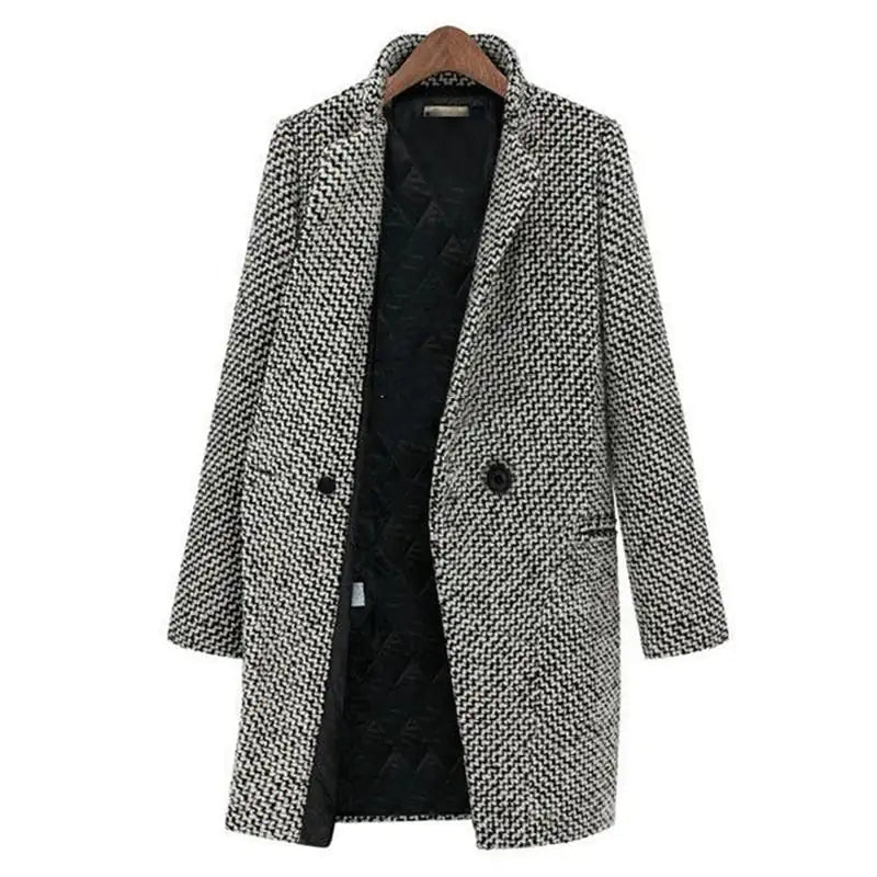 Women's Houndstooth Longline Wool Coat with Button Closure