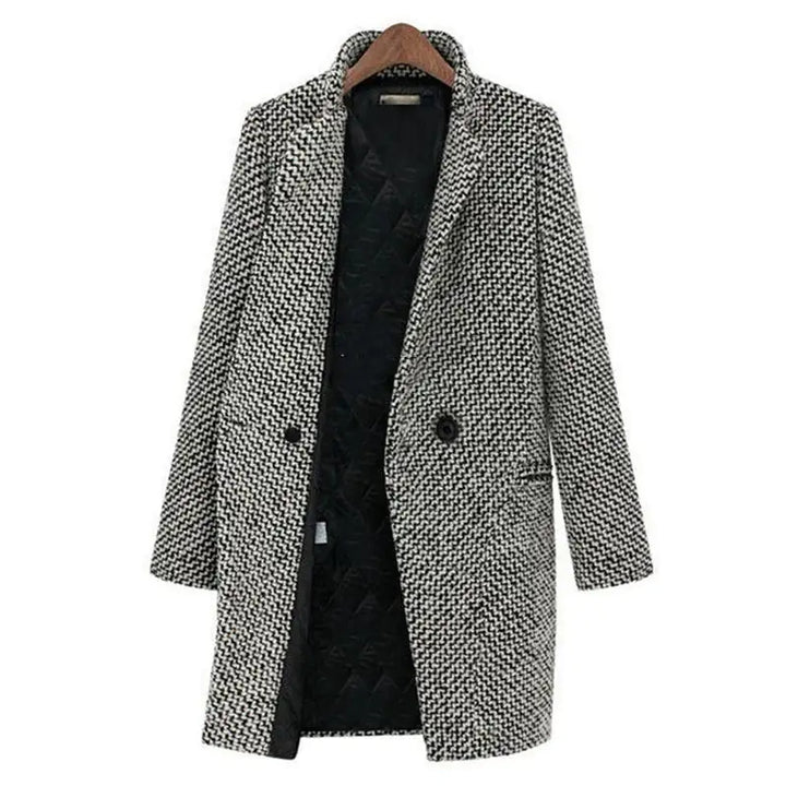 Women's Houndstooth Longline Wool Coat with Button Closure