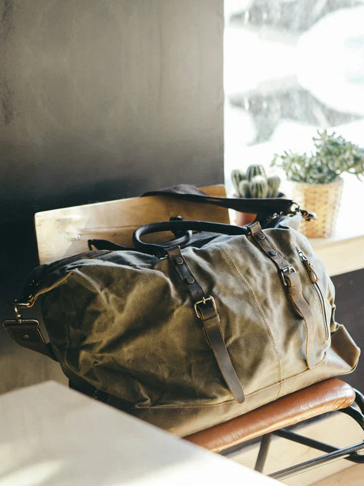 Waxed Canvas Weekender Bag with Leather Trim