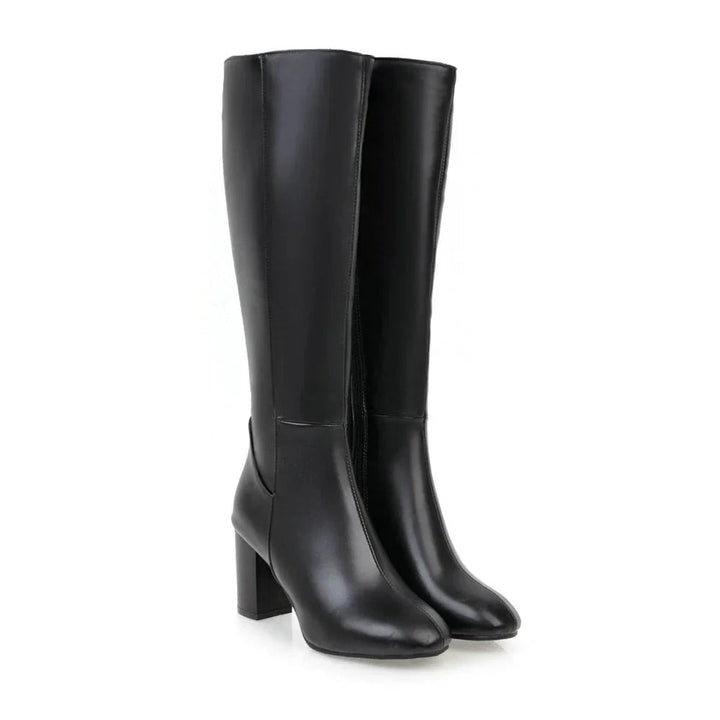 Women's Leather Knee High Boots with Block Heel