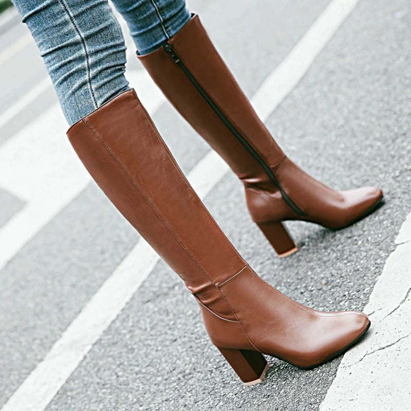 Women's Leather Knee High Boots with Block Heel