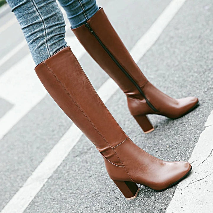 Women's Leather Knee High Boots with Block Heel