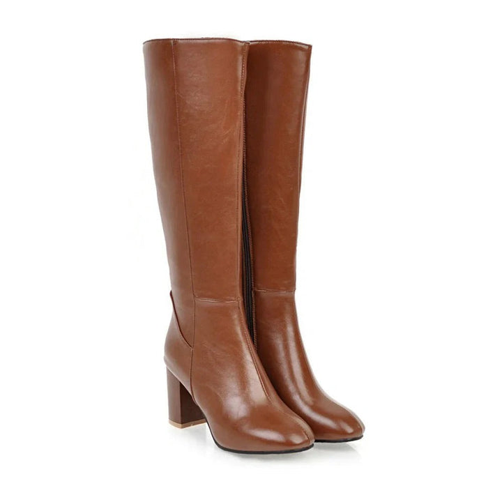 Women's Leather Knee High Boots with Block Heel