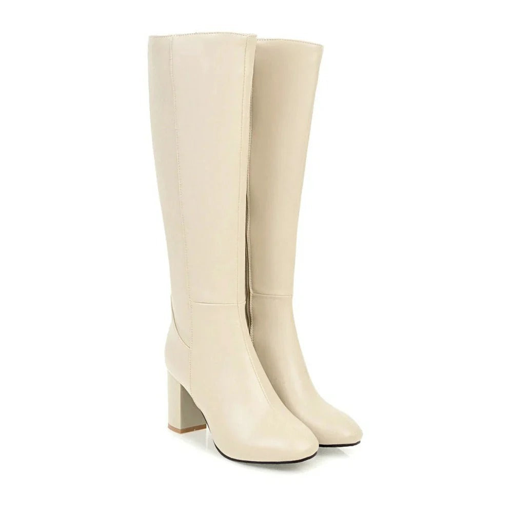 Women's Leather Knee High Boots with Block Heel