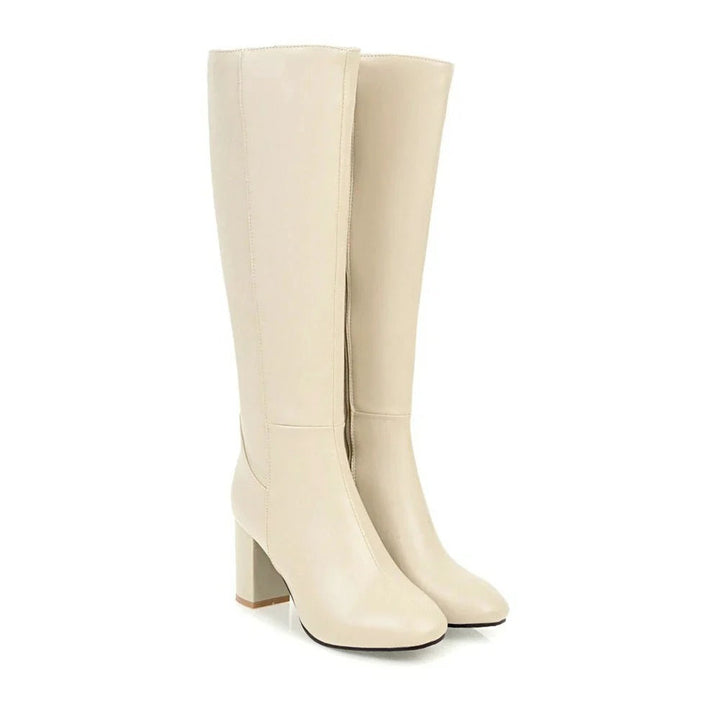 Women's Leather Knee High Boots with Block Heel