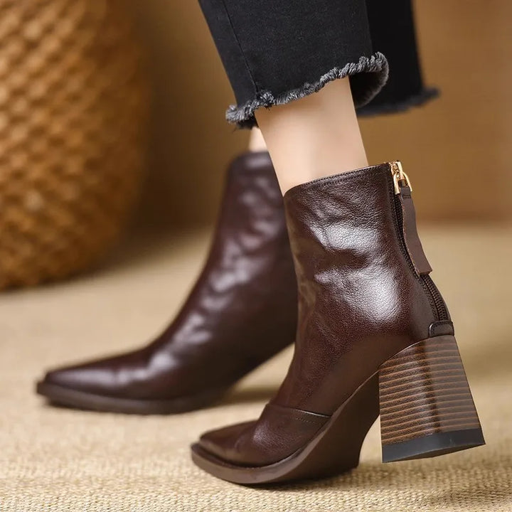 Women's Leather Ankle Boots with Block Heel