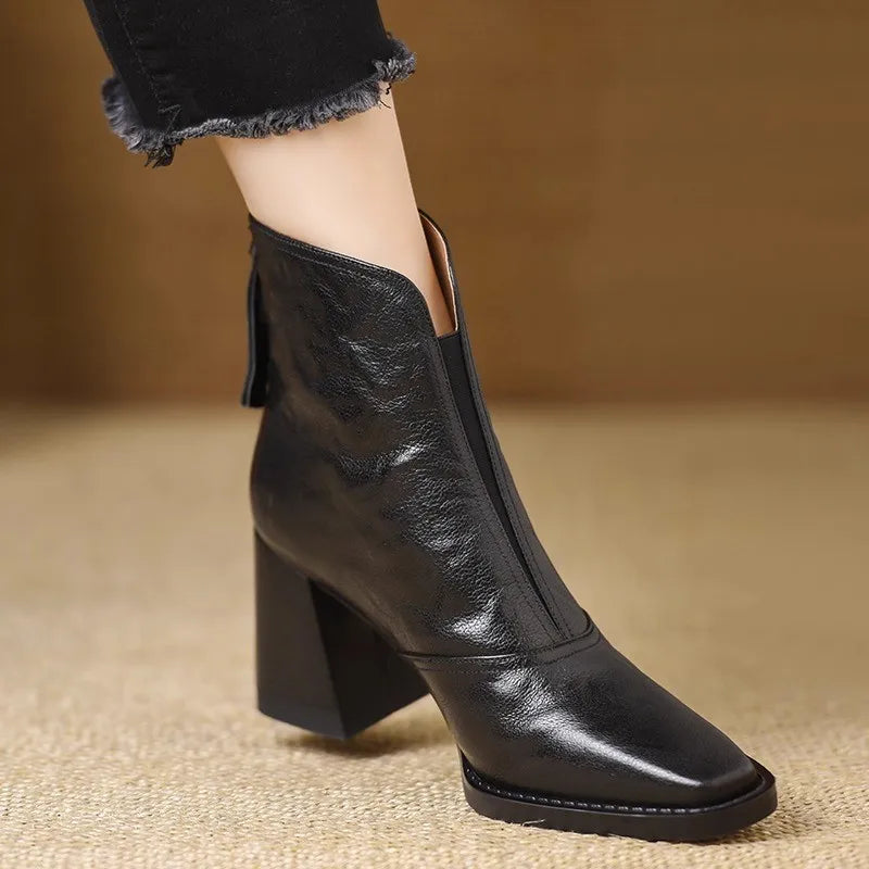 Women's Leather Ankle Boots with Block Heel
