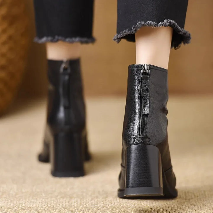 Women's Leather Ankle Boots with Block Heel
