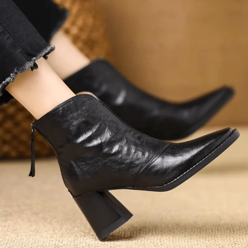 Women's Leather Ankle Boots with Block Heel