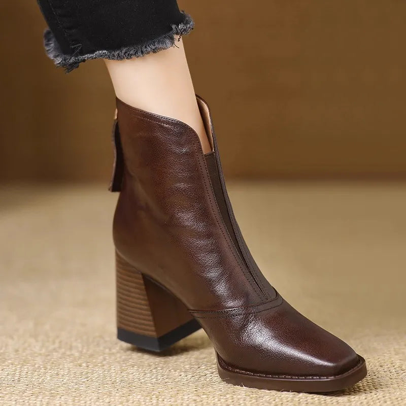 Women's Leather Ankle Boots with Block Heel