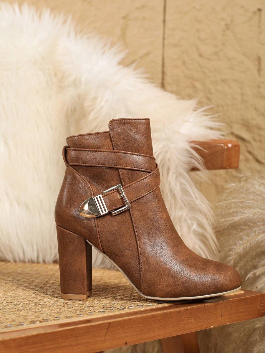 Women's Leather Ankle Boots with Buckle Strap