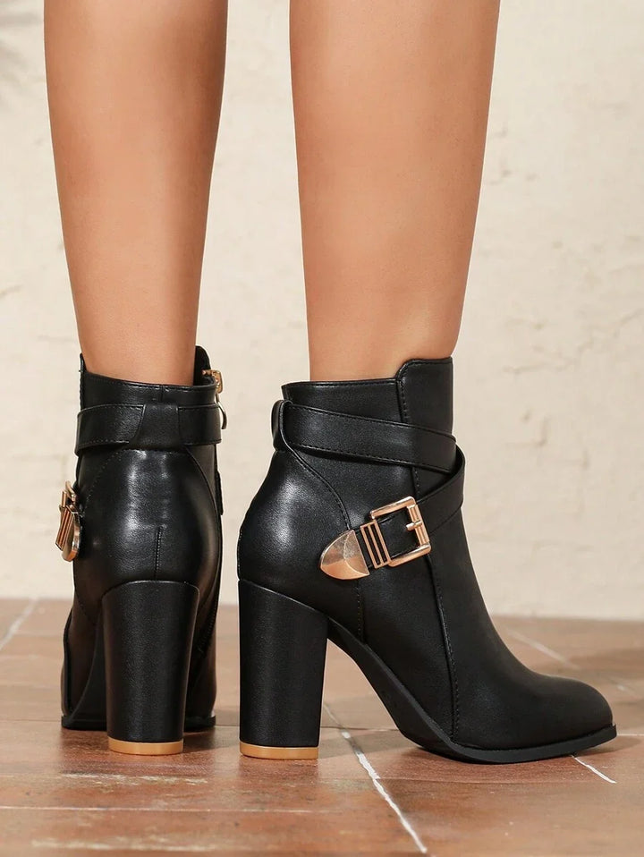 Women's Leather Ankle Boots with Buckle Strap