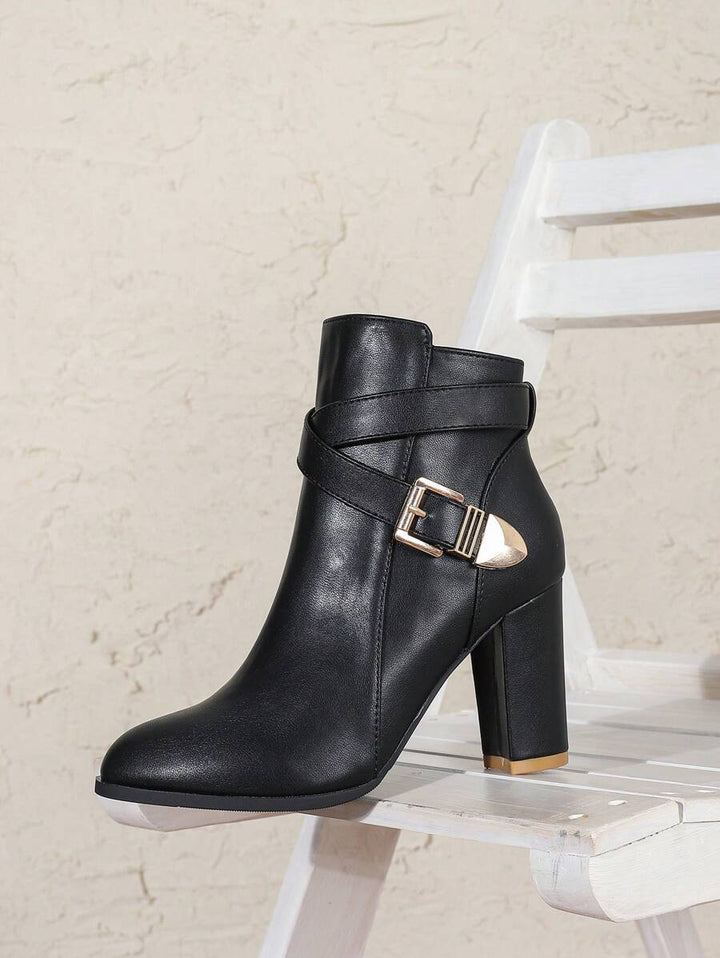 Women's Leather Ankle Boots with Buckle Strap