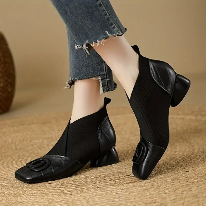 Women's Leather-Look Knit Ankle Boots with Square Toe