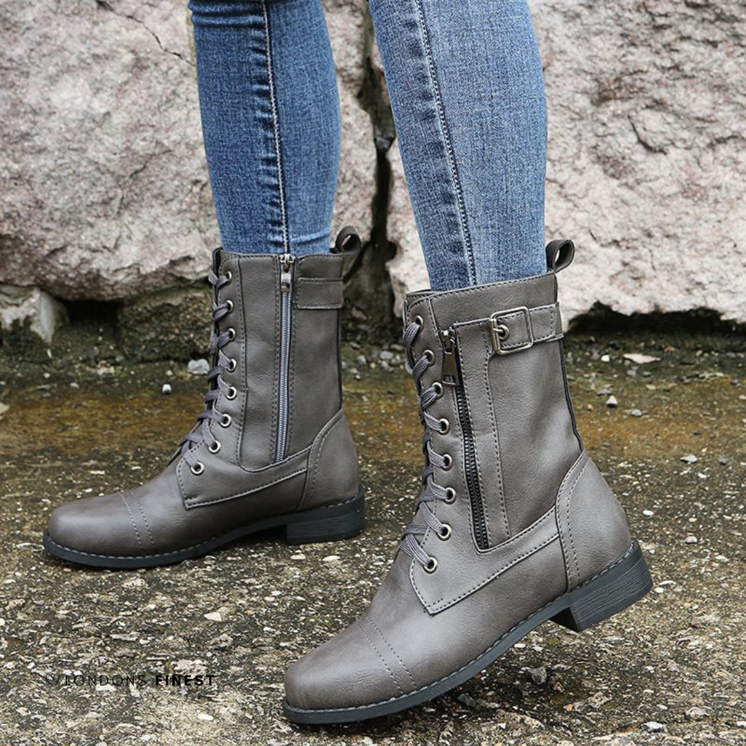 Women's Leather Combat Boots with Buckle Strap