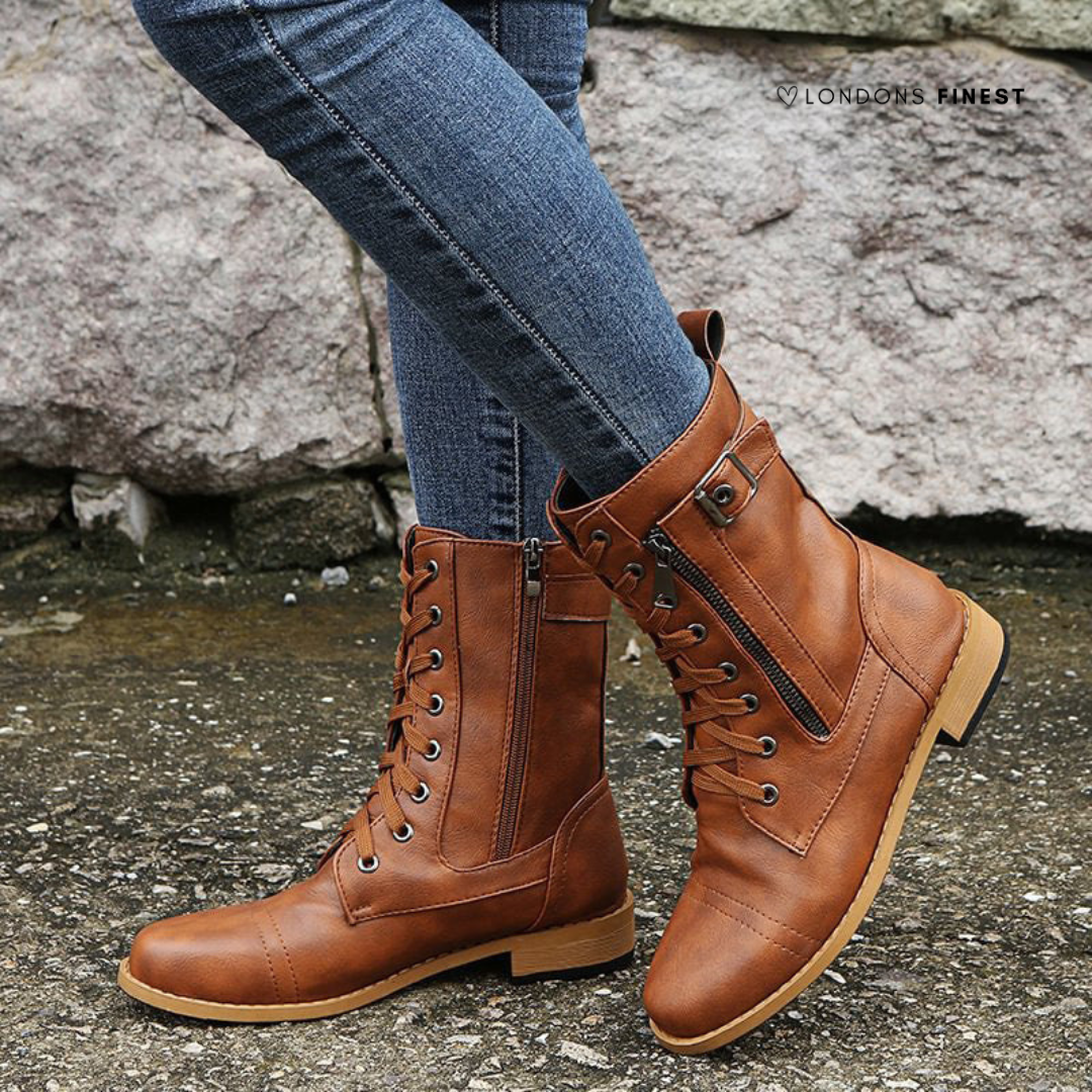 Women's Leather Combat Boots with Buckle Strap