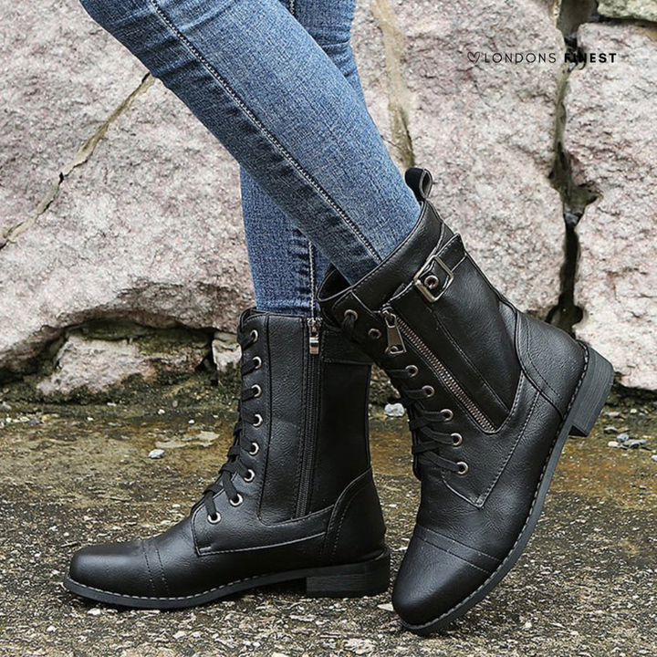 Women's Leather Combat Boots with Buckle Strap
