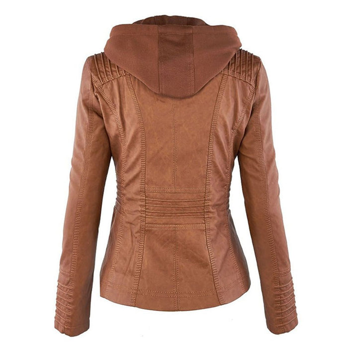 Veste de motard en cuir pour femme, avec capuche amovible