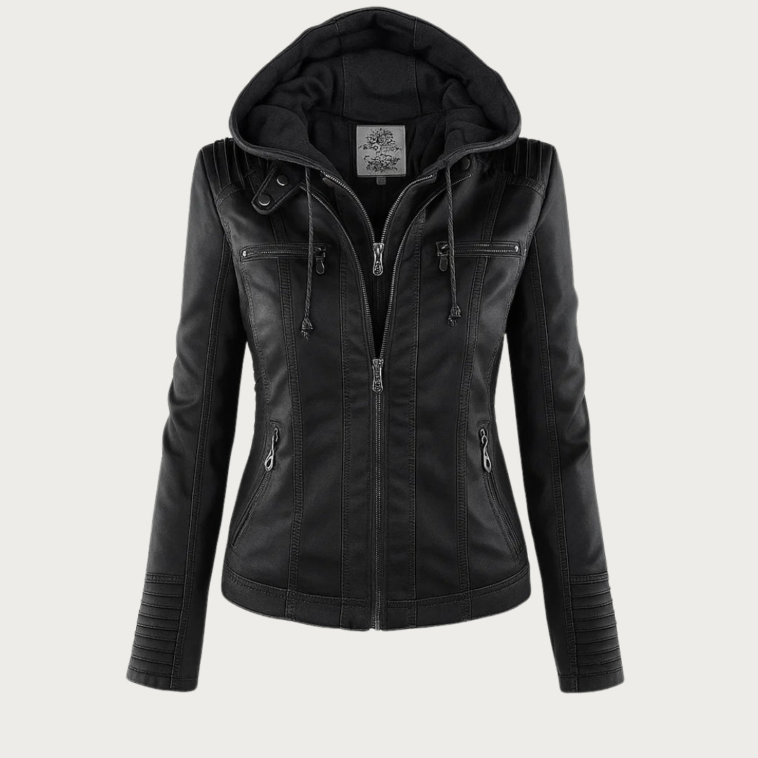 Veste de motard en cuir pour femme, avec capuche amovible