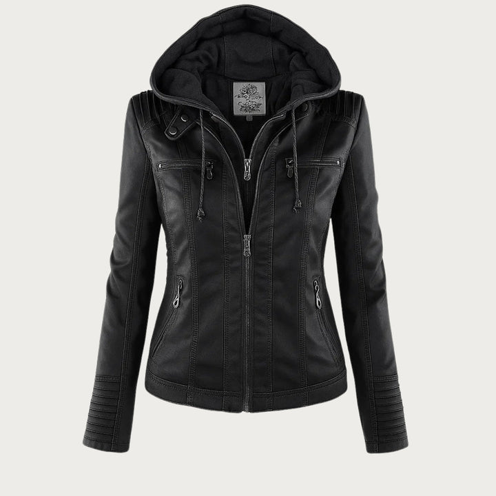 Veste de motard en cuir pour femme, avec capuche amovible