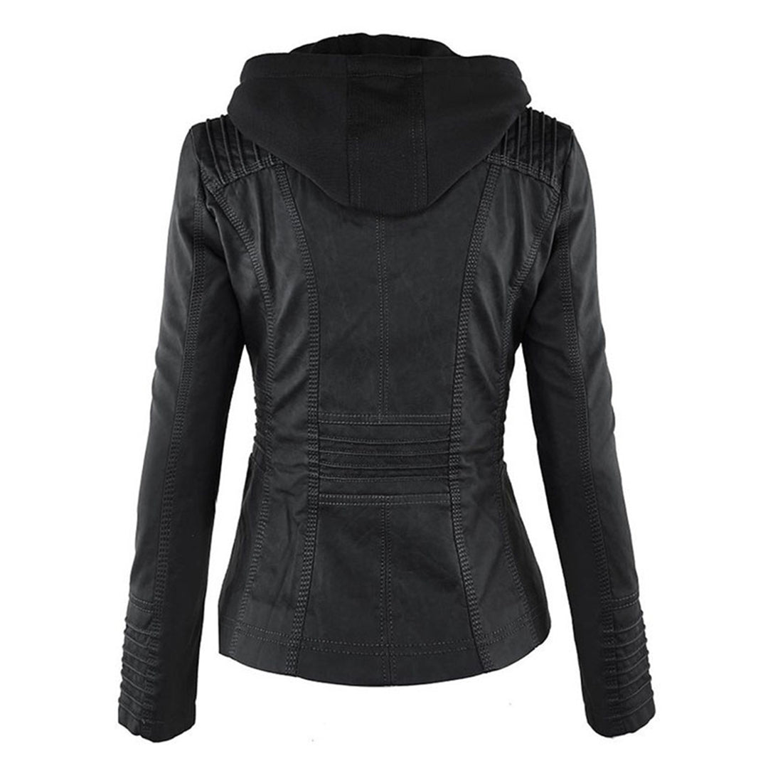 Veste de motard en cuir pour femme, avec capuche amovible