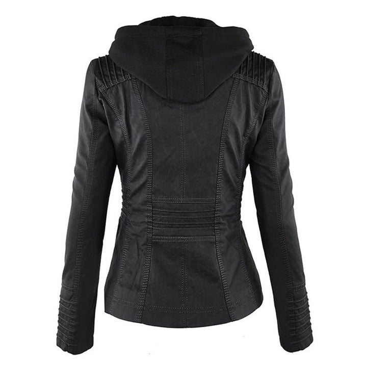 Veste de motard en cuir pour femme, avec capuche amovible