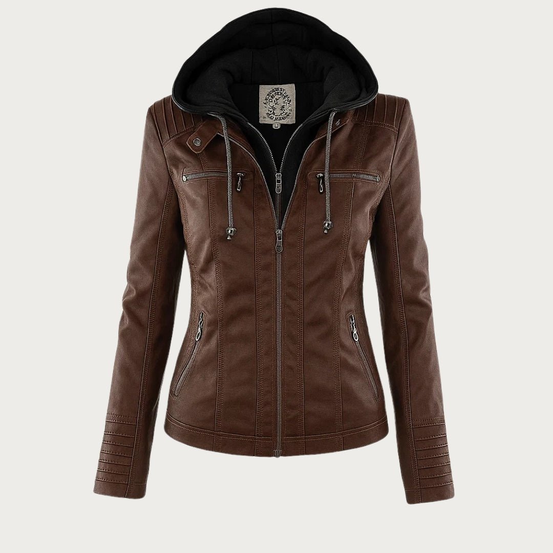 Veste de motard en cuir pour femme, avec capuche amovible