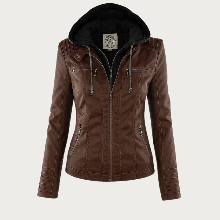 Veste de motard en cuir pour femme, avec capuche amovible
