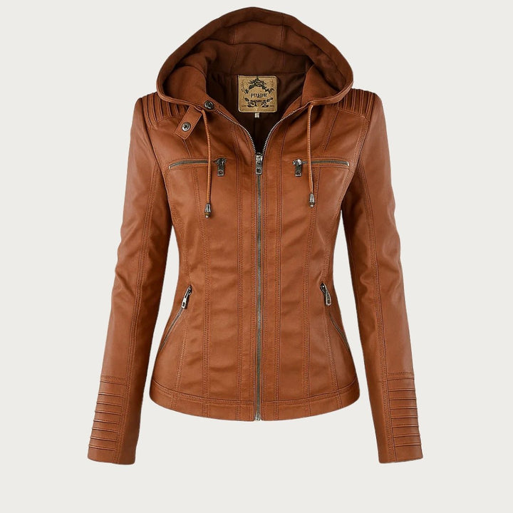Veste de motard en cuir pour femme, avec capuche amovible