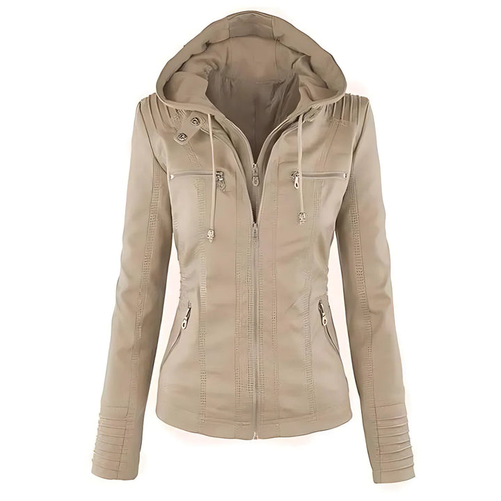Veste de motard en cuir pour femme, avec capuche amovible