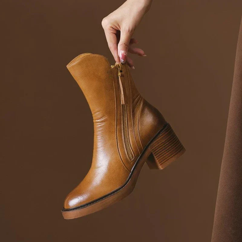 Women's Leather Block Heel Ankle Boots with Tassel Zip
