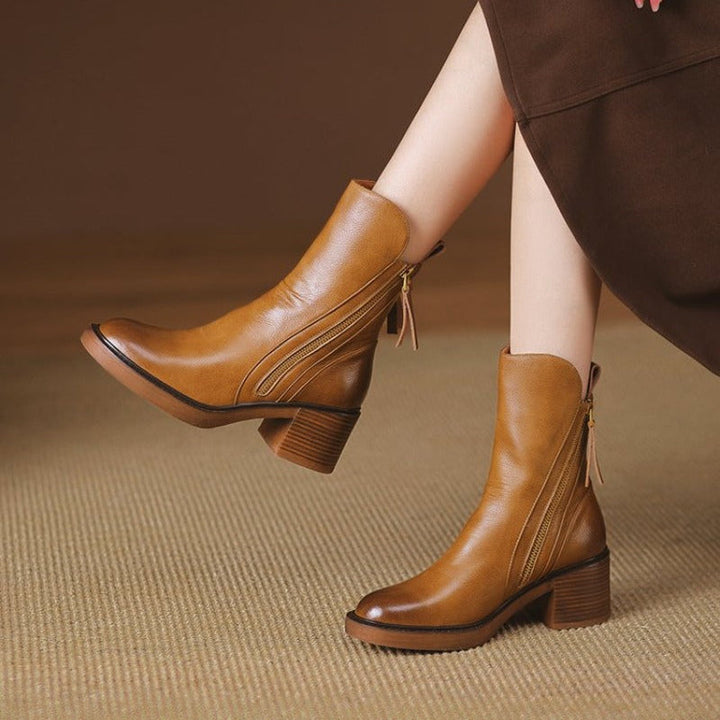 Women's Leather Block Heel Ankle Boots with Tassel Zip