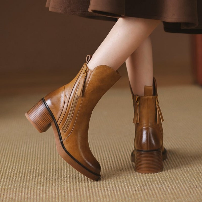 Women's Leather Block Heel Ankle Boots with Tassel Zip