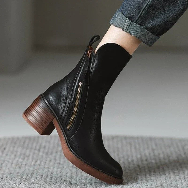 Women's Leather Block Heel Ankle Boots with Tassel Zip