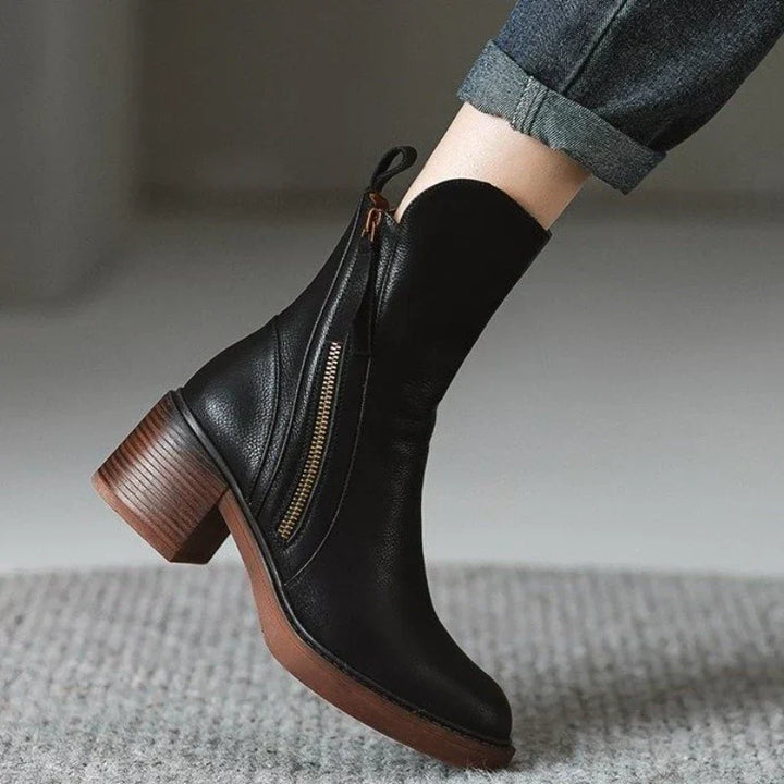 Women's Leather Block Heel Ankle Boots with Tassel Zip