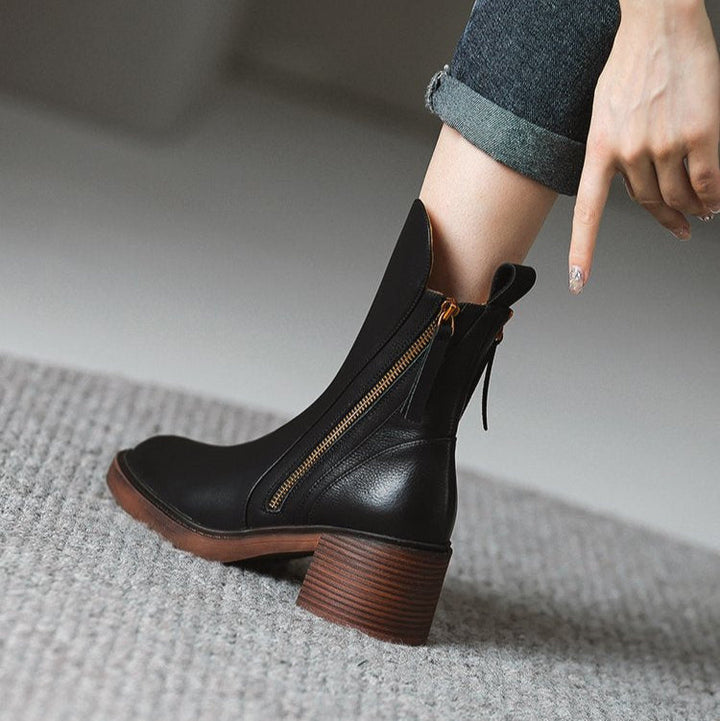 Women's Leather Block Heel Ankle Boots with Tassel Zip