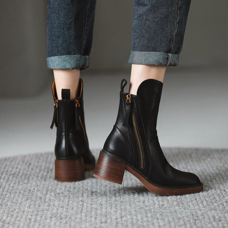 Women's Leather Block Heel Ankle Boots with Tassel Zip