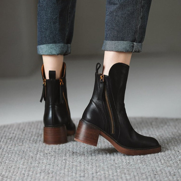 Women's Leather Block Heel Ankle Boots with Tassel Zip
