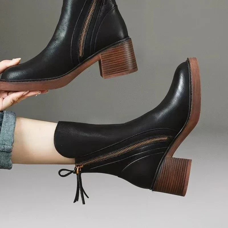 Women's Leather Block Heel Ankle Boots with Tassel Zip