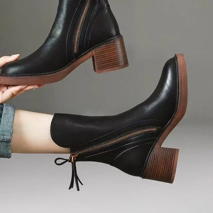 Women's Leather Block Heel Ankle Boots with Tassel Zip