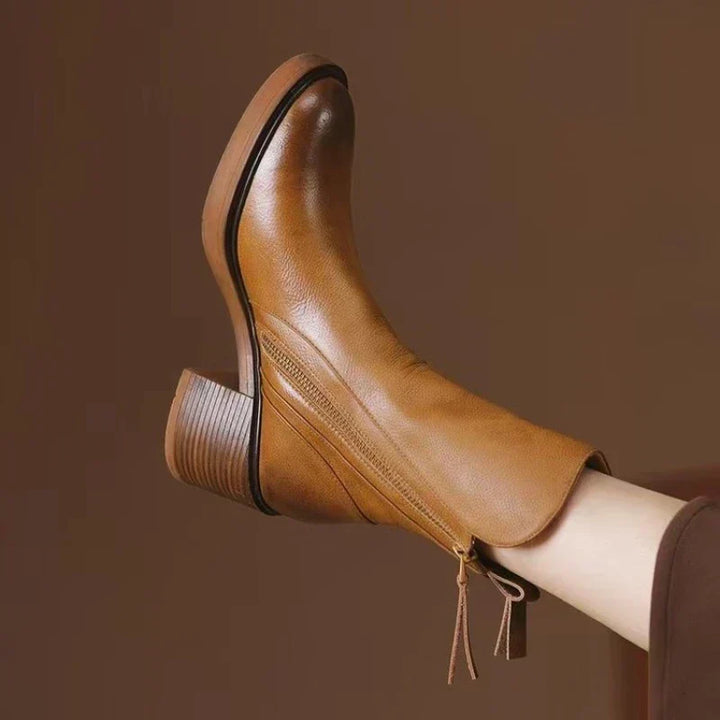 Women's Leather Block Heel Ankle Boots with Tassel Zip