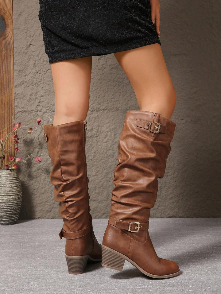 Women's Leather Knee High Boots with Double Buckle Straps